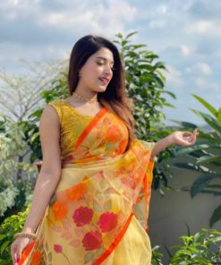 Designer Hand Print Half Silk Saree